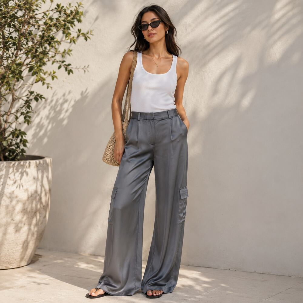 Babaton by Aritzia SZ 4 Silky Satin Cargo Trousers Graphite Gray – Wide Leg